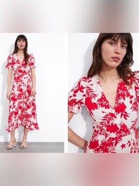 & Other Stories Red Floral Midi Dress - 34/2 NWT